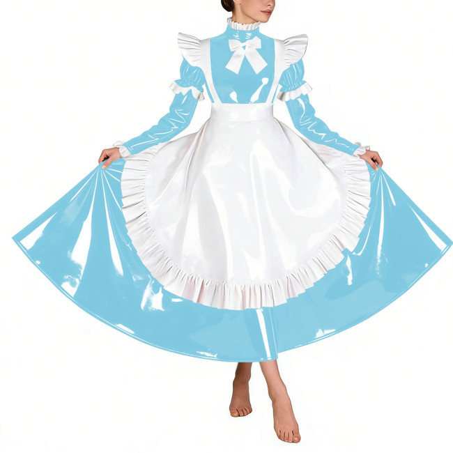 Sissy Glossy Pleated Long Maid Dress Uniforms Long Sleeves PVC Shiny French Maid Dress with Apron Wetlook Cosplay Maidservant