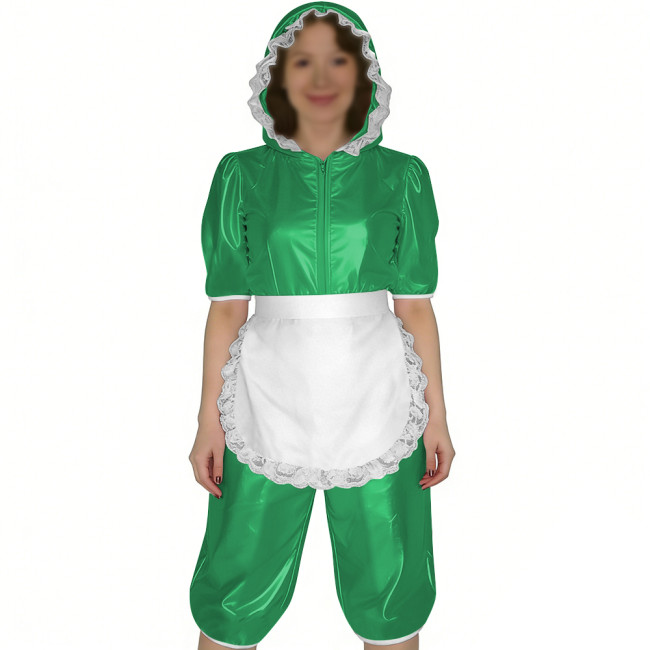 Glossy PVC Leather Short Sleeve Hooded Maid Romper with Apron Sissy Womens Knee-length Jumpsuit Halloween Party Cosplay Outfits