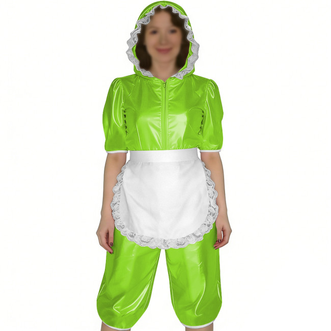 Glossy PVC Leather Short Sleeve Hooded Maid Romper with Apron Sissy Womens Knee-length Jumpsuit Halloween Party Cosplay Outfits
