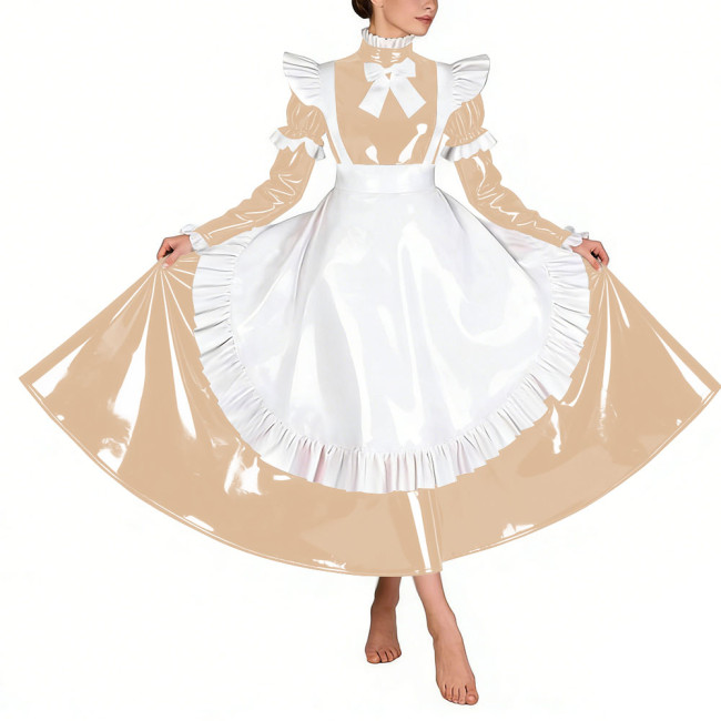 Sissy Glossy Pleated Long Maid Dress Uniforms Long Sleeves PVC Shiny French Maid Dress with Apron Wetlook Cosplay Maidservant