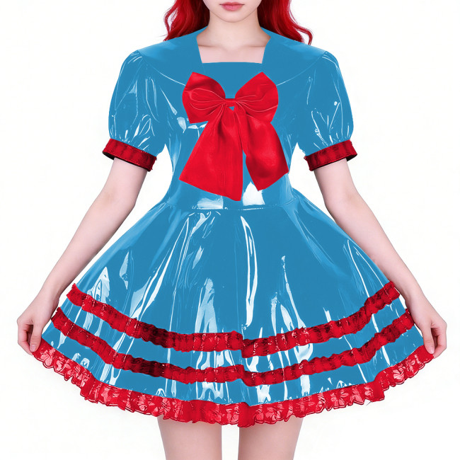 Wetlook Party Shiny PVC Sailor Dress Short Sleeve Red Tiered Ruffled Hem Lolita Style A-line Mini Dress for Cosplay Themed Party