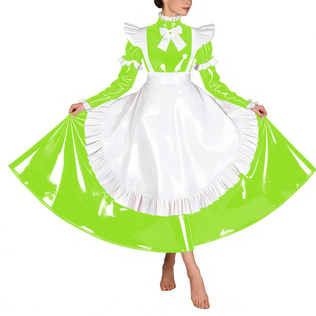 Sissy Glossy Pleated Long Maid Dress Uniforms Long Sleeves PVC Shiny French Maid Dress with Apron Wetlook Cosplay Maidservant