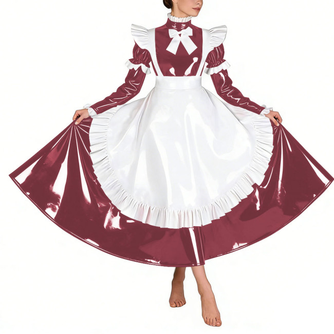 Sissy Glossy Pleated Long Maid Dress Uniforms Long Sleeves PVC Shiny French Maid Dress with Apron Wetlook Cosplay Maidservant