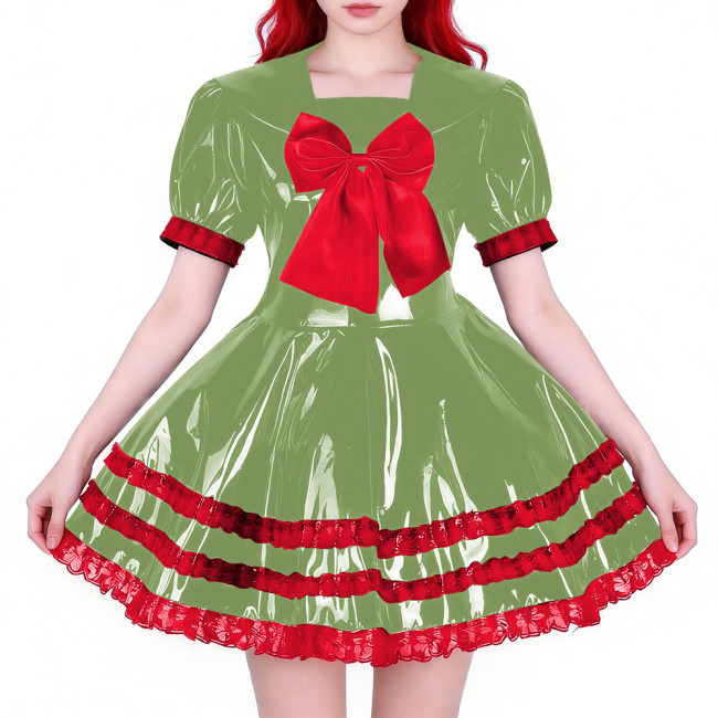 Wetlook Party Shiny PVC Sailor Dress Short Sleeve Red Tiered Ruffled Hem Lolita Style A-line Mini Dress for Cosplay Themed Party