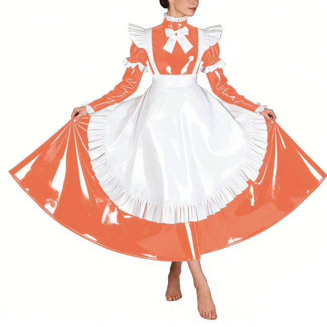 Sissy Glossy Pleated Long Maid Dress Uniforms Long Sleeves PVC Shiny French Maid Dress with Apron Wetlook Cosplay Maidservant