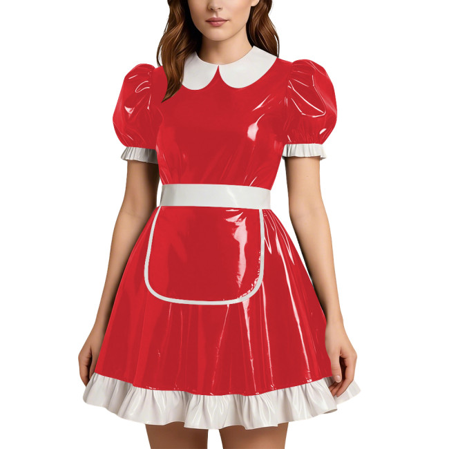 Party Doll Collar Shiny PVC Mini Maid Dress with Apron Womens Puff Short Sleeve A-line Maid Dress Outfit Sissy Role Play Costume