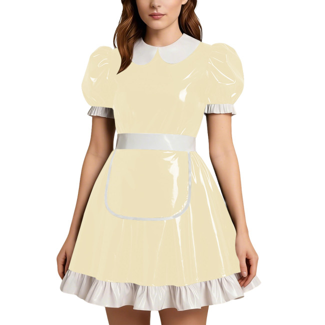 Party Doll Collar Shiny PVC Mini Maid Dress with Apron Womens Puff Short Sleeve A-line Maid Dress Outfit Sissy Role Play Costume