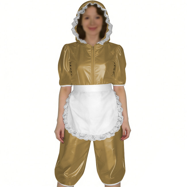 Glossy PVC Leather Short Sleeve Hooded Maid Romper with Apron Sissy Womens Knee-length Jumpsuit Halloween Party Cosplay Outfits