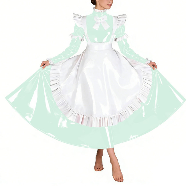 Sissy Glossy Pleated Long Maid Dress Uniforms Long Sleeves PVC Shiny French Maid Dress with Apron Wetlook Cosplay Maidservant