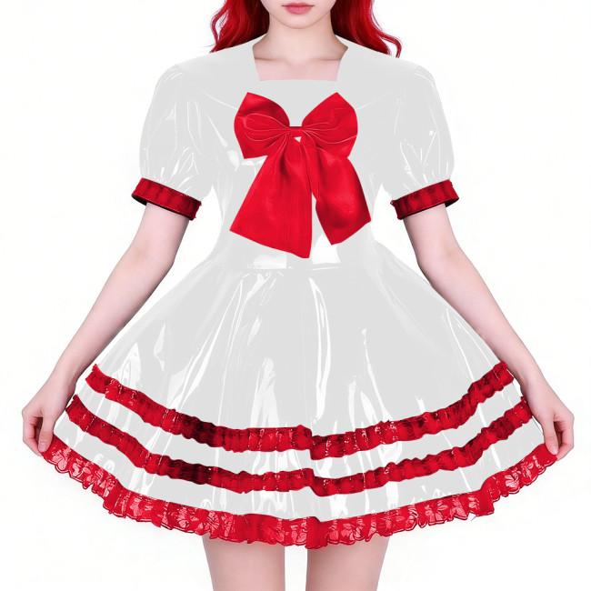 Wetlook Party Shiny PVC Sailor Dress Short Sleeve Red Tiered Ruffled Hem Lolita Style A-line Mini Dress for Cosplay Themed Party