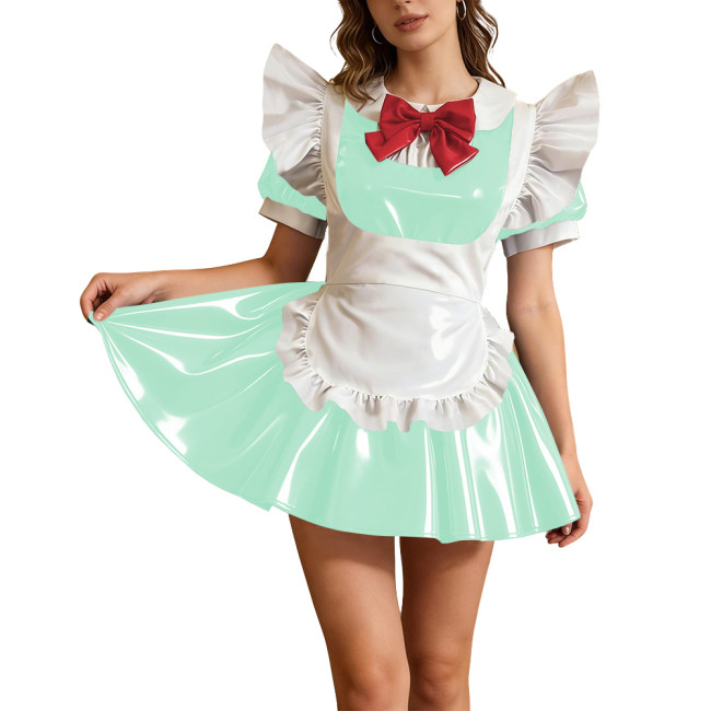 Preppy Styly Short Glossy PVC Maid Dress Sets Puff Sleeve Pleated Mini Dress with Red Bow & Ruffled Apron Party Cosplay Outfits