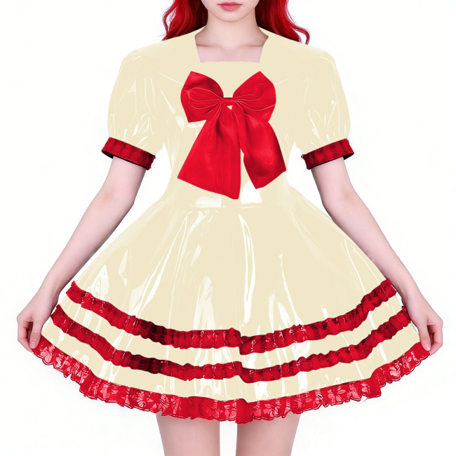 Wetlook Party Shiny PVC Sailor Dress Short Sleeve Red Tiered Ruffled Hem Lolita Style A-line Mini Dress for Cosplay Themed Party