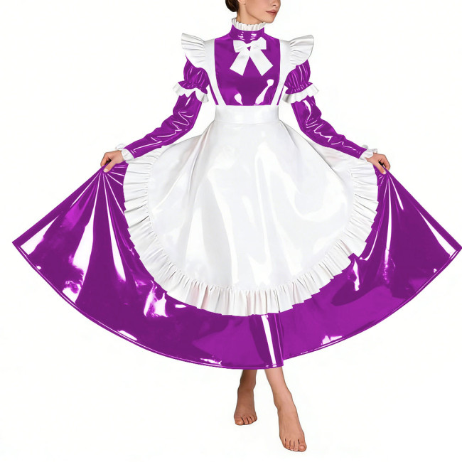 Sissy Glossy Pleated Long Maid Dress Uniforms Long Sleeves PVC Shiny French Maid Dress with Apron Wetlook Cosplay Maidservant