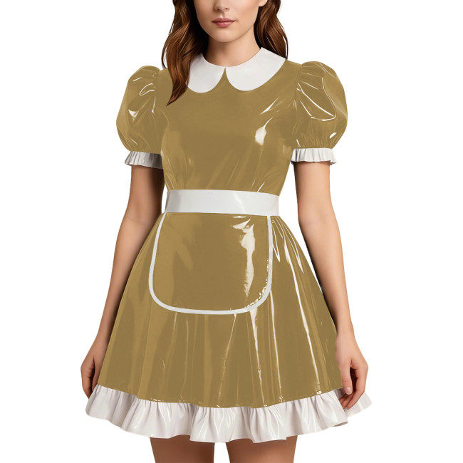 Party Doll Collar Shiny PVC Mini Maid Dress with Apron Womens Puff Short Sleeve A-line Maid Dress Outfit Sissy Role Play Costume