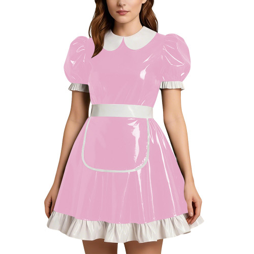 Party Doll Collar Shiny PVC Mini Maid Dress with Apron Womens Puff Short Sleeve A-line Maid Dress Outfit Sissy Role Play Costume