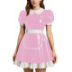 Party Doll Collar Shiny PVC Mini Maid Dress with Apron Womens Puff Short Sleeve A-line Maid Dress Outfit Sissy Role Play Costume