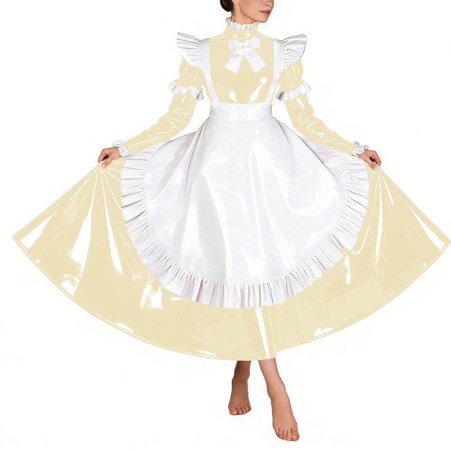 Sissy Glossy Pleated Long Maid Dress Uniforms Long Sleeves PVC Shiny French Maid Dress with Apron Wetlook Cosplay Maidservant