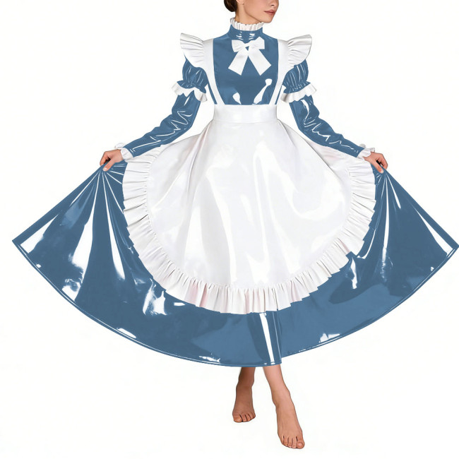Sissy Glossy Pleated Long Maid Dress Uniforms Long Sleeves PVC Shiny French Maid Dress with Apron Wetlook Cosplay Maidservant