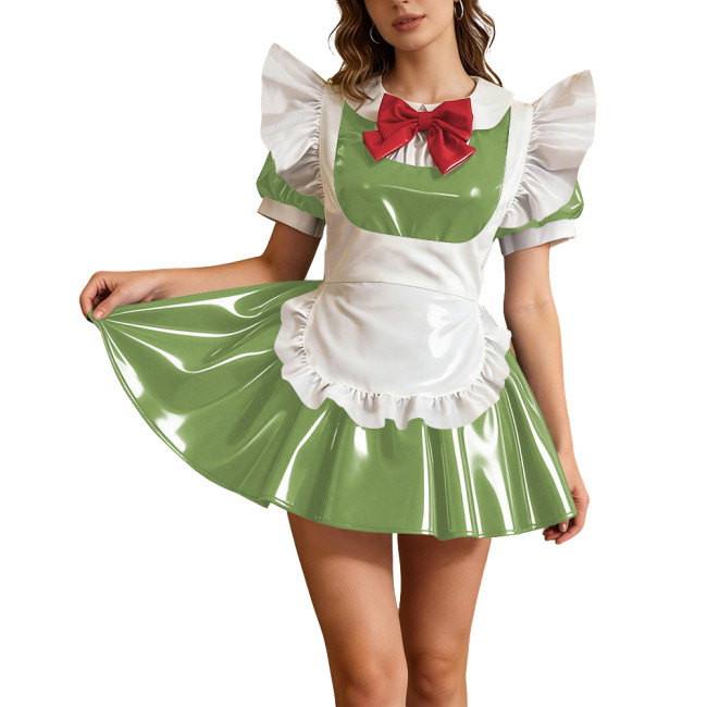 Preppy Styly Short Glossy PVC Maid Dress Sets Puff Sleeve Pleated Mini Dress with Red Bow & Ruffled Apron Party Cosplay Outfits