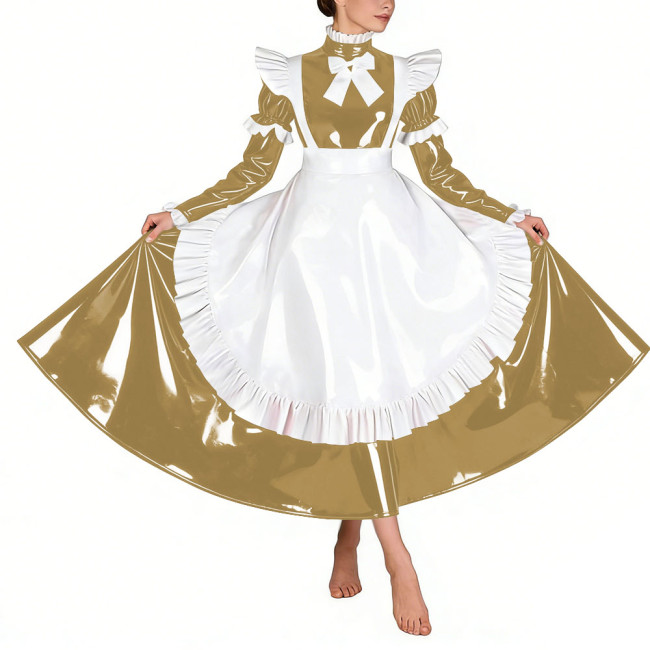 Sissy Glossy Pleated Long Maid Dress Uniforms Long Sleeves PVC Shiny French Maid Dress with Apron Wetlook Cosplay Maidservant