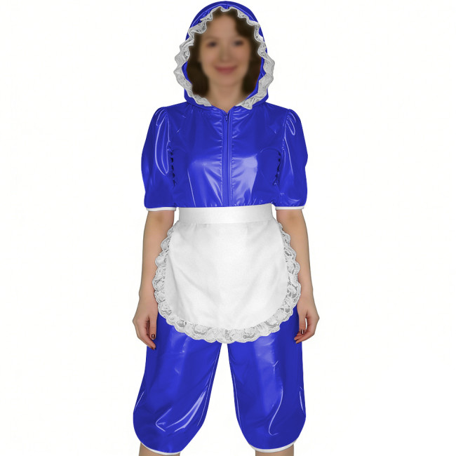 Glossy PVC Leather Short Sleeve Hooded Maid Romper with Apron Sissy Womens Knee-length Jumpsuit Halloween Party Cosplay Outfits