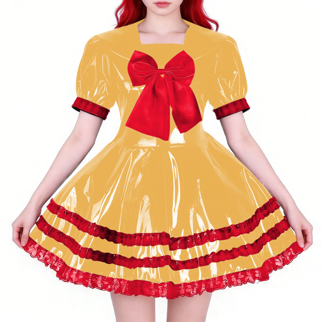 Wetlook Party Shiny PVC Sailor Dress Short Sleeve Red Tiered Ruffled Hem Lolita Style A-line Mini Dress for Cosplay Themed Party