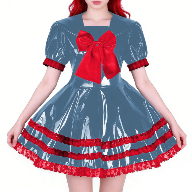 Wetlook Party Shiny PVC Sailor Dress Short Sleeve Red Tiered Ruffled Hem Lolita Style A-line Mini Dress for Cosplay Themed Party