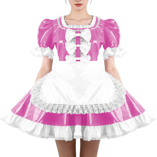 Glossy Ruffles Square Collar Mini Maid Dress with Apron PVC Shiny Leather Pleated Short Dress Maid Uniforms Sissy Cosplay Outfit