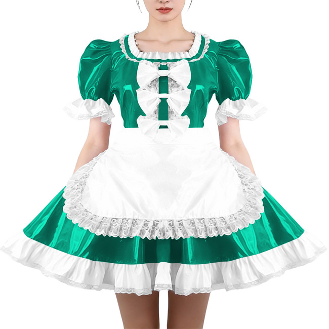 Glossy Ruffles Square Collar Mini Maid Dress with Apron PVC Shiny Leather Pleated Short Dress Maid Uniforms Sissy Cosplay Outfit