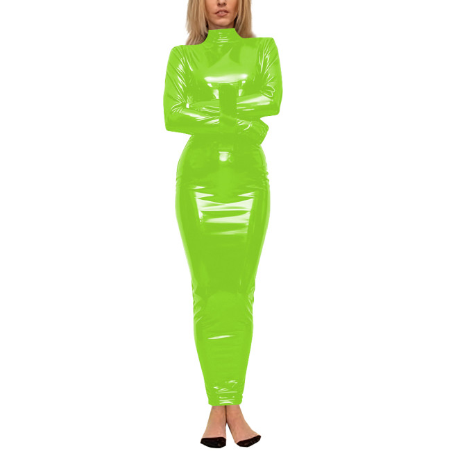 Wetlook Glossy PVC Long Hobble Dress Club High Neck Long Sleeve Tight Pencil Dress Party Cosplay Outfits Sissy Bodycon Vestidos