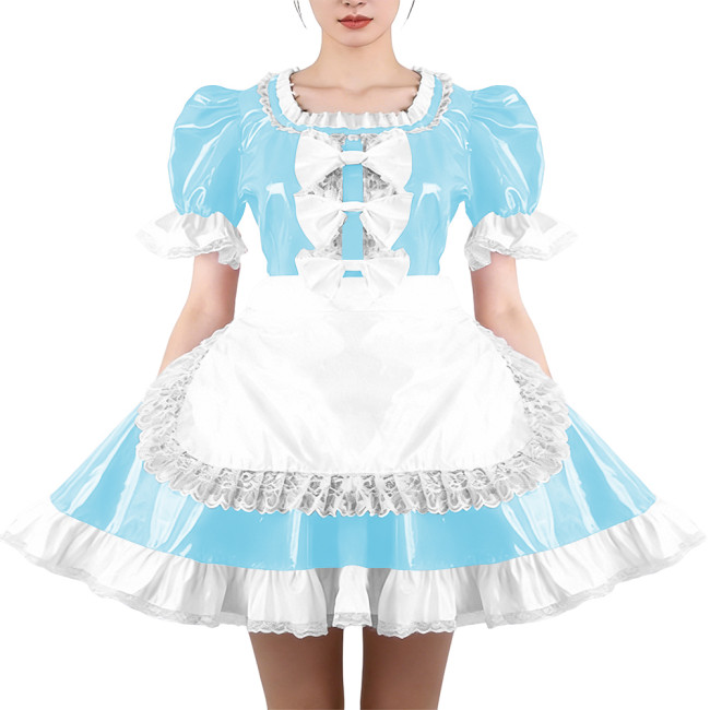 Glossy Ruffles Square Collar Mini Maid Dress with Apron PVC Shiny Leather Pleated Short Dress Maid Uniforms Sissy Cosplay Outfit