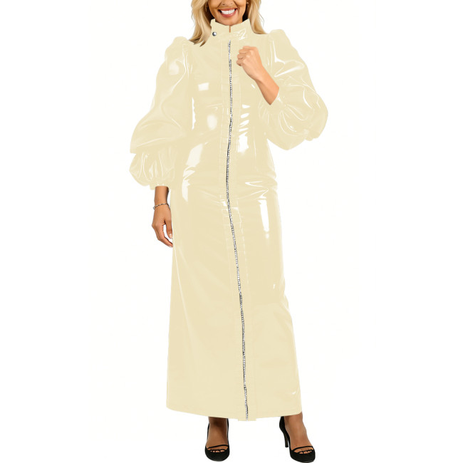 High Neck Puff Long Sleeve PVC Shiny Maxi Dress Plus Size Front Full Zipper Elegant Party Dress Evening Long Gown Womens Vestido