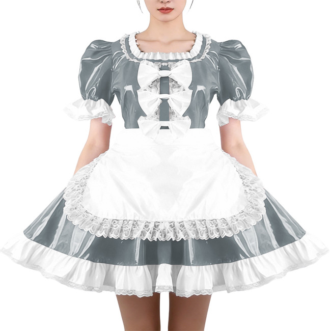 Glossy Ruffles Square Collar Mini Maid Dress with Apron PVC Shiny Leather Pleated Short Dress Maid Uniforms Sissy Cosplay Outfit