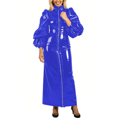High Neck Puff Long Sleeve PVC Shiny Maxi Dress Plus Size Front Full Zipper Elegant Party Dress Evening Long Gown Womens Vestido