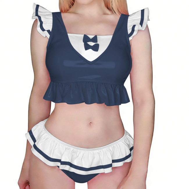 Womens Sexy Lingerie Set Glossy PVC Leather Crop Top and Ruffled Low Rise Brief Sexy Clubwear Female Wetlook Pole Dance Costume