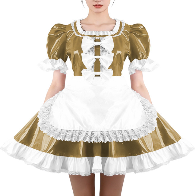 Glossy Ruffles Square Collar Mini Maid Dress with Apron PVC Shiny Leather Pleated Short Dress Maid Uniforms Sissy Cosplay Outfit