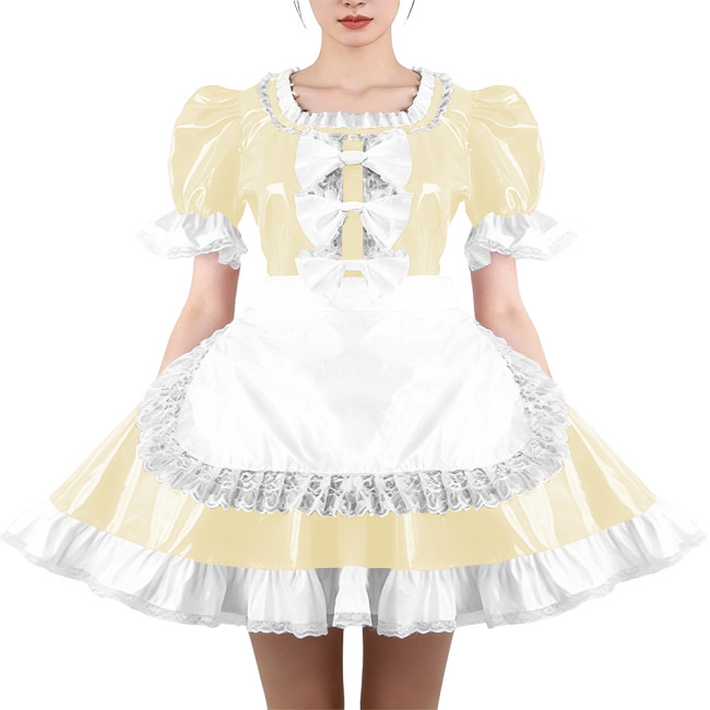 Glossy Ruffles Square Collar Mini Maid Dress with Apron PVC Shiny Leather Pleated Short Dress Maid Uniforms Sissy Cosplay Outfit