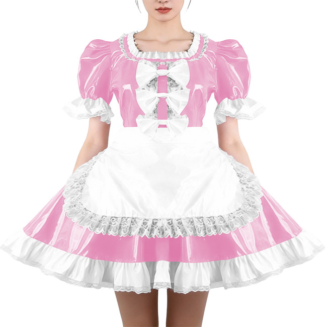 Glossy Ruffles Square Collar Mini Maid Dress with Apron PVC Shiny Leather Pleated Short Dress Maid Uniforms Sissy Cosplay Outfit