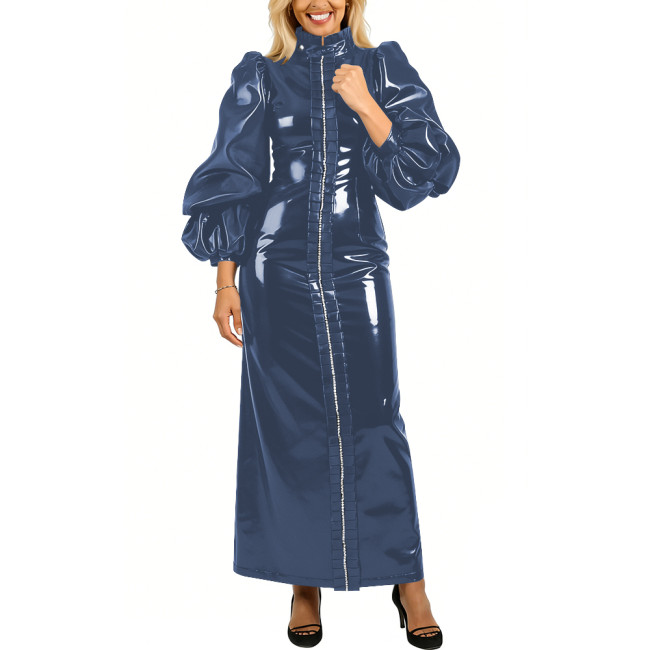 High Neck Puff Long Sleeve PVC Shiny Maxi Dress Plus Size Front Full Zipper Elegant Party Dress Evening Long Gown Womens Vestido