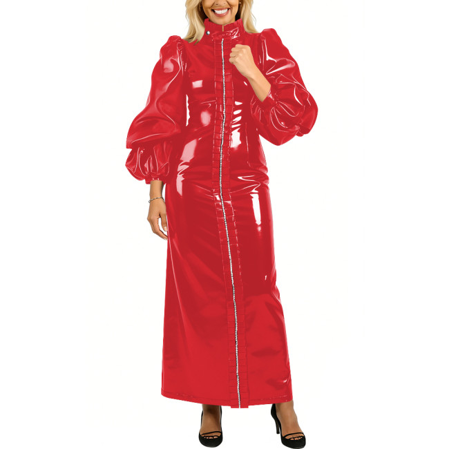 High Neck Puff Long Sleeve PVC Shiny Maxi Dress Plus Size Front Full Zipper Elegant Party Dress Evening Long Gown Womens Vestido