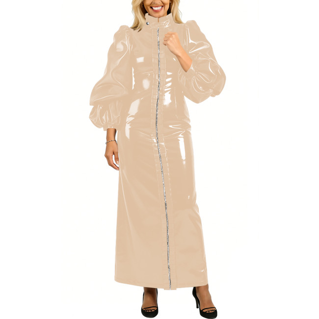 High Neck Puff Long Sleeve PVC Shiny Maxi Dress Plus Size Front Full Zipper Elegant Party Dress Evening Long Gown Womens Vestido