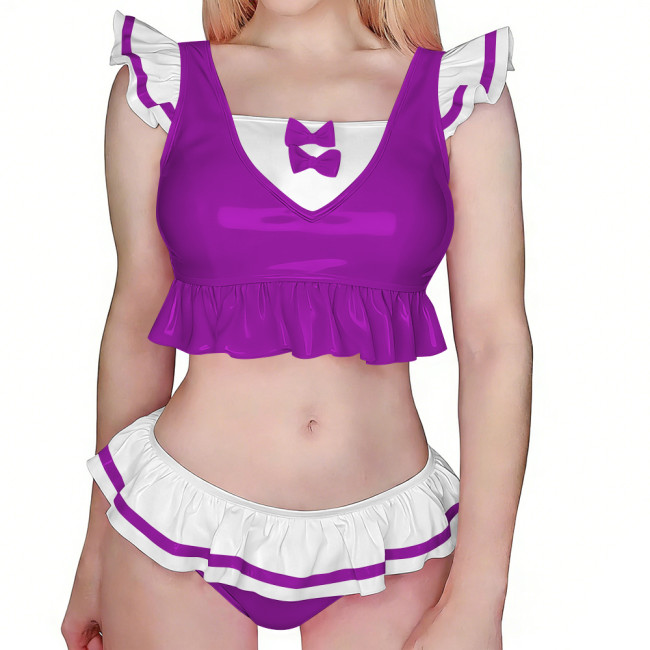Womens Sexy Lingerie Set Glossy PVC Leather Crop Top and Ruffled Low Rise Brief Sexy Clubwear Female Wetlook Pole Dance Costume