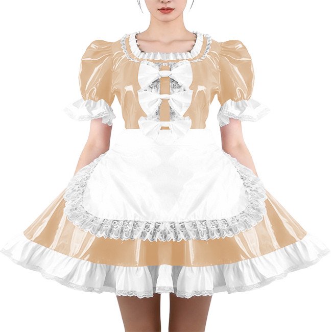 Glossy Ruffles Square Collar Mini Maid Dress with Apron PVC Shiny Leather Pleated Short Dress Maid Uniforms Sissy Cosplay Outfit
