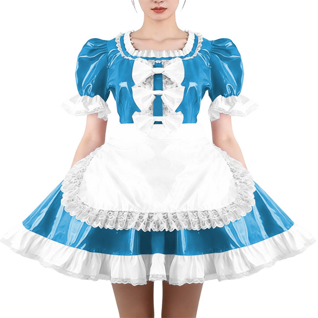 Glossy Ruffles Square Collar Mini Maid Dress with Apron PVC Shiny Leather Pleated Short Dress Maid Uniforms Sissy Cosplay Outfit