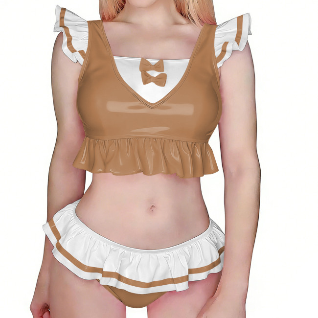Womens Sexy Lingerie Set Glossy PVC Leather Crop Top and Ruffled Low Rise Brief Sexy Clubwear Female Wetlook Pole Dance Costume