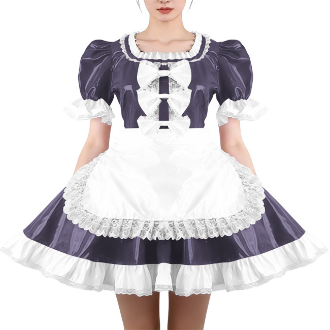 Glossy Ruffles Square Collar Mini Maid Dress with Apron PVC Shiny Leather Pleated Short Dress Maid Uniforms Sissy Cosplay Outfit