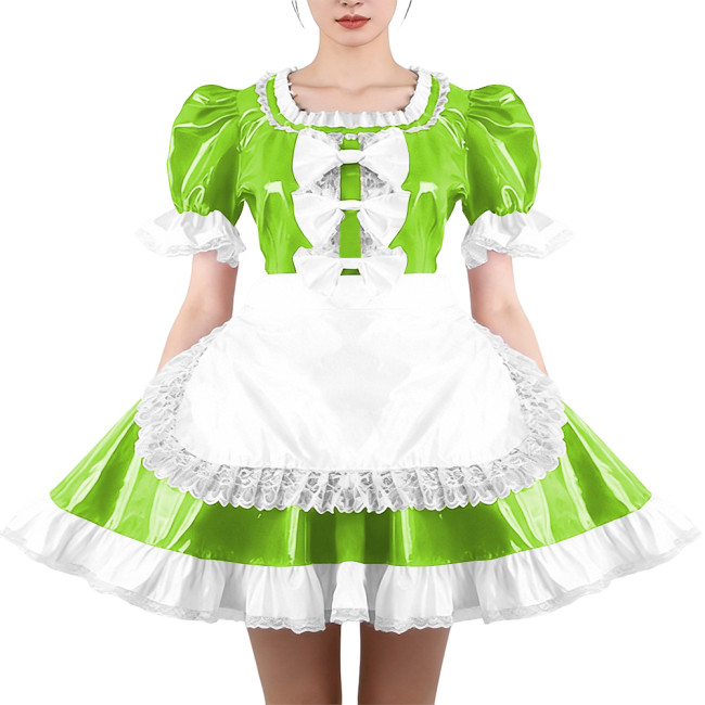 Glossy Ruffles Square Collar Mini Maid Dress with Apron PVC Shiny Leather Pleated Short Dress Maid Uniforms Sissy Cosplay Outfit