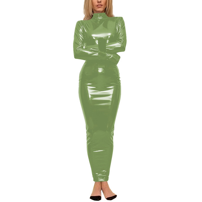 Wetlook Glossy PVC Long Hobble Dress Club High Neck Long Sleeve Tight Pencil Dress Party Cosplay Outfits Sissy Bodycon Vestidos