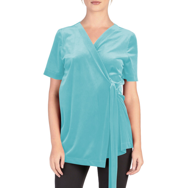 Women's Velvet Self-Tie Waist Wrap Top Ladies Solid Color Elegant Blouse for Party Fashion Short Sleeve V-neck Tops Club Outfits