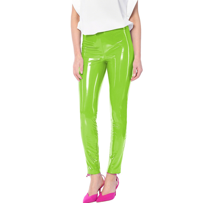 Ladies Solid Color High Waist Leggings Glossy PVC Leather Stretch Slim Sexy Pencil Pants Wetlook Streetwear Nightclub Leggings